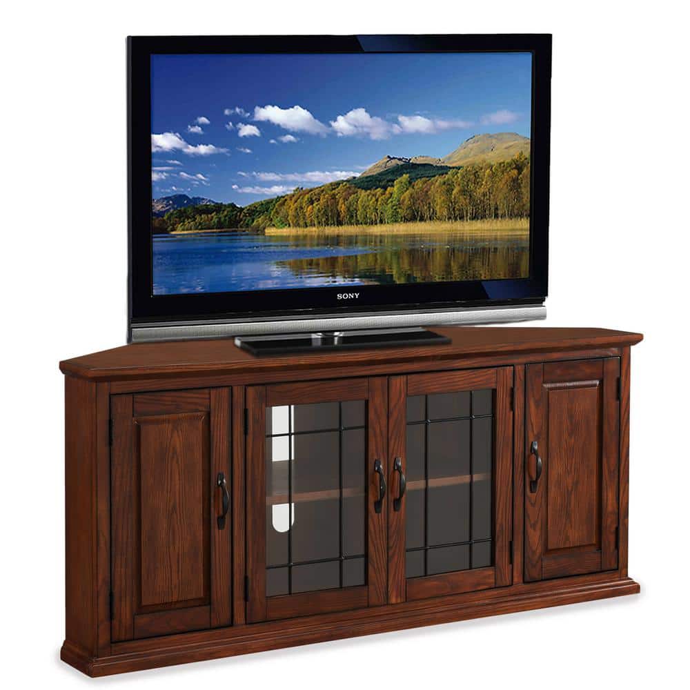 Burnished Oak Corner TV Stand with Blackened Metal Handles