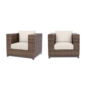 Fernlake Brown Wicker Outdoor Patio Stationary Lounge Chair with CushionGuard Almond Tan Cushions (2-Pack)