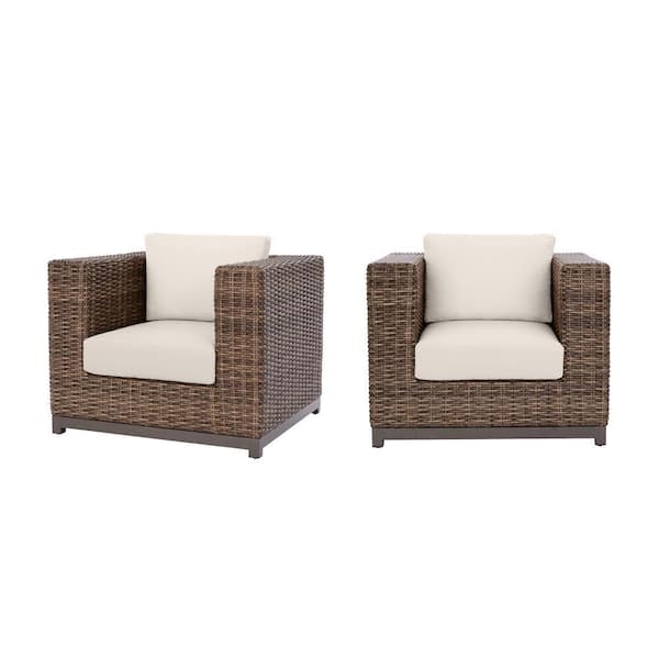 Hampton Bay Fernlake Taupe Wicker Outdoor Patio Stationary Lounge Chair with CushionGuard Almond Tan Cushions (2-Pack)