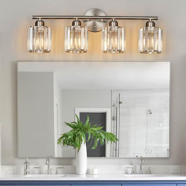 ZHLWIN HomeLighting 25.98 in. 4-Light BrushedNickel Vertical Bathroom  Crystal Vanity Light Over Mirror for Dressing Table Sink 4145-4Y-SandNickel