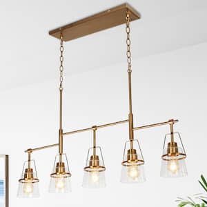 Mid-Century Modern 38 in. 5-Light Chandelier Plated Brass Ceiling Light with Bell Clear Glass Shade