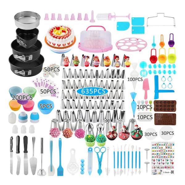 636-Piece Cake Decorating Kit w/ 3 Springform Pans, Icing Nozzles, Turntable, Cake Topper, Piping Bags