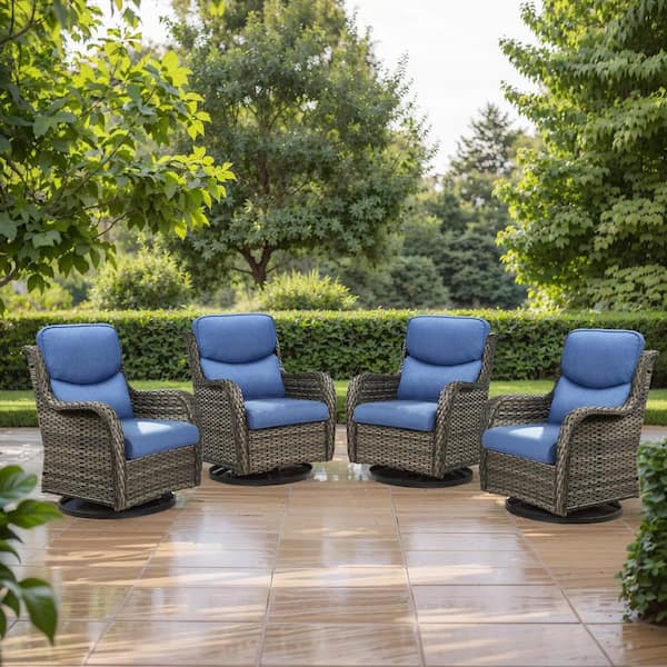 Carolina 4-Person Gray Wicker Outdoor Swivel Glider with Blue Cushions