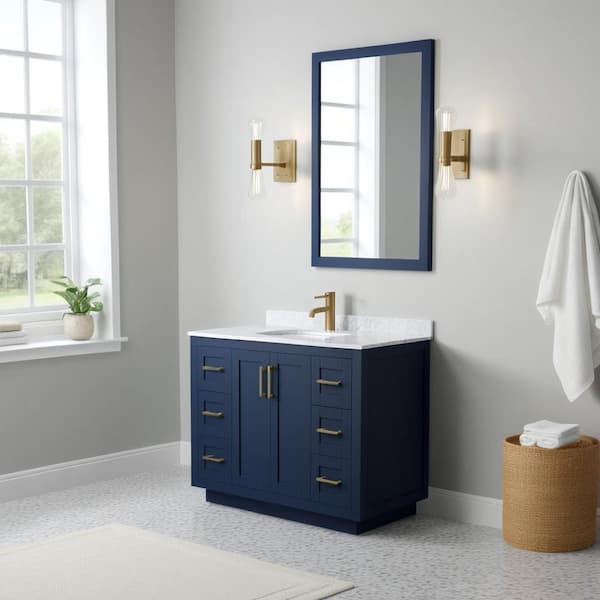 Miranda 42 in. W Single Bath Vanity in Dark Blue with Cultured Marble Vanity Top in Light-Vein Carrara with White Basin