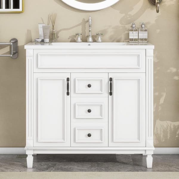 36 in. Freestanding Single Sink White Bath Vanity with White Ceramic Top