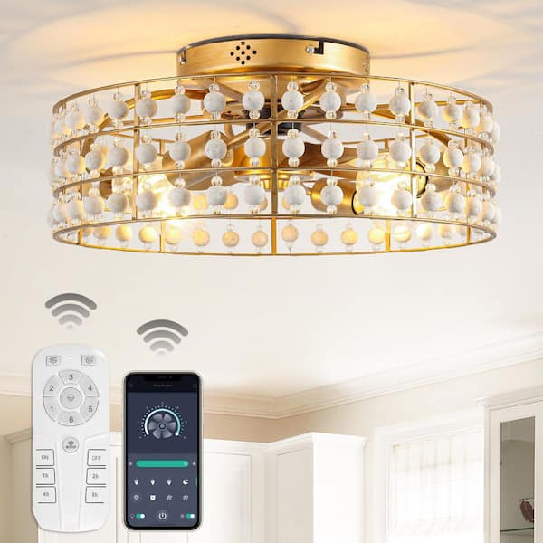 18.3 in. Indoor Vintage Gold Caged Flush Mount Ceiling Fan with Light and APP/Remote Included