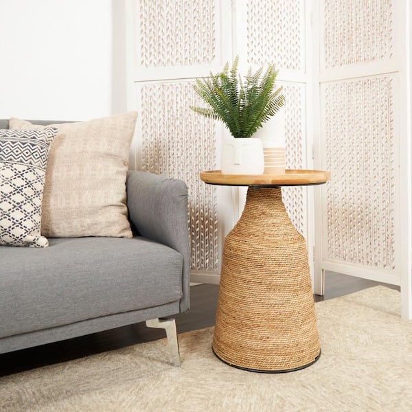 Litton Lane 17 in. Brown Handmade Wrapped Large Round Wood End Table with Wood Tabletop