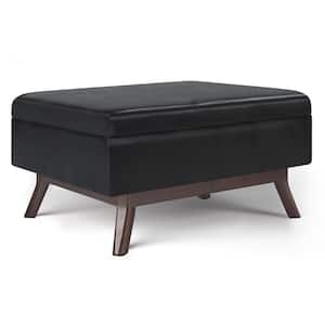 Owen 36 in. Wide Solid Hardwood Mid Century Modern Square Coffee Table Storage Ottoman in Midnight Black Faux Leather