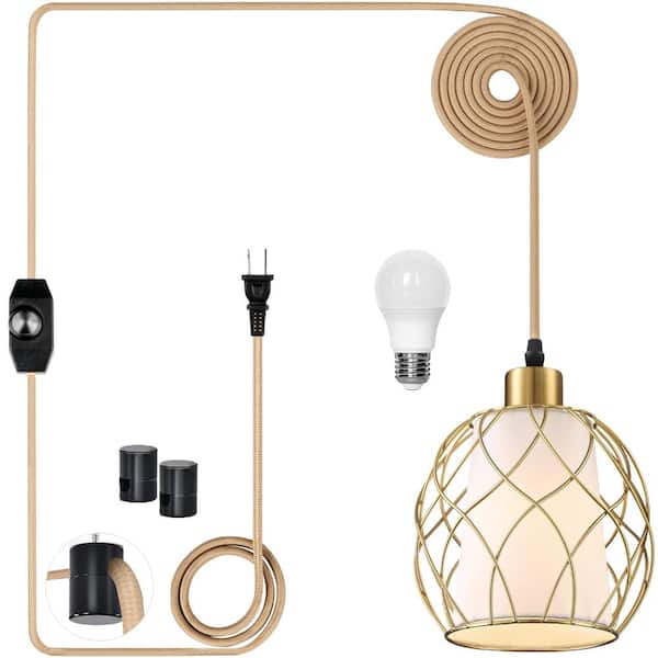 Gold Plug In Pendant Light with Linen Shade and Wire Cage, Dimmable Switch, 15 ft Braided Cord, E26 Bulb Included