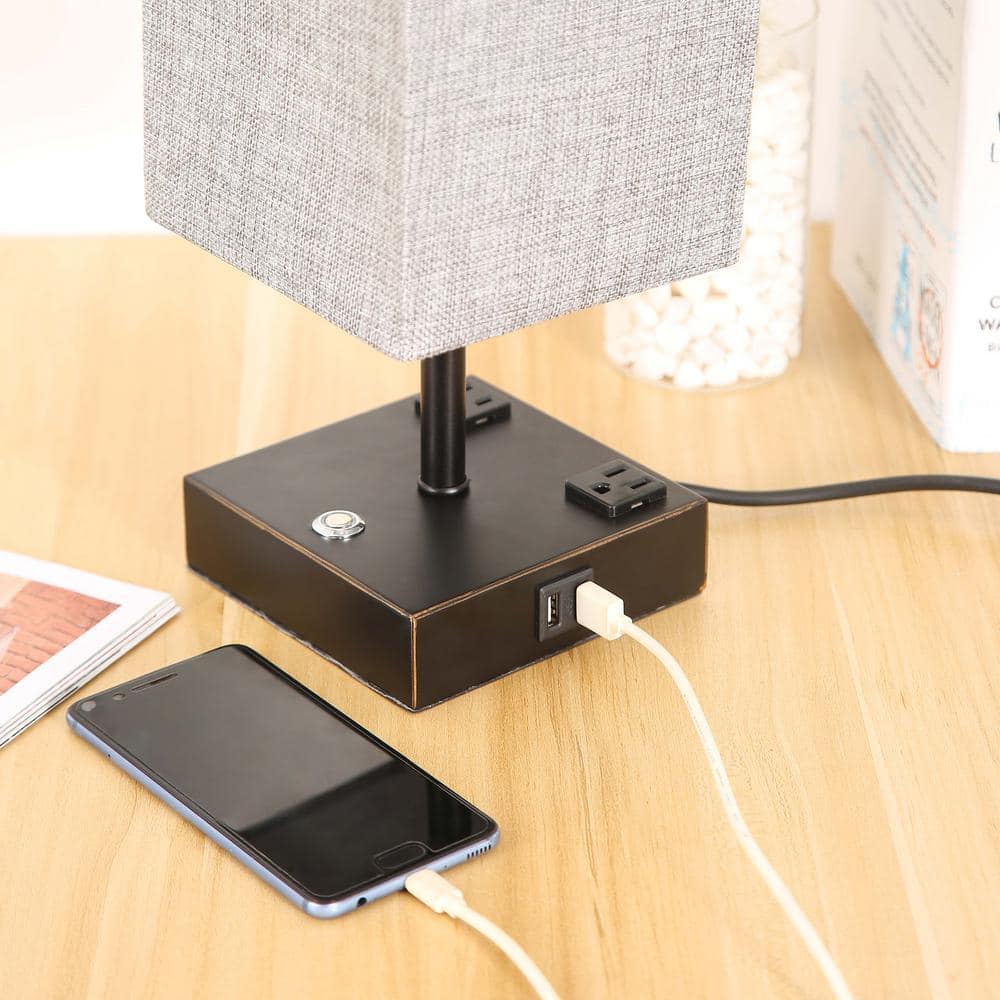 15" Black Touch Control Table Lamp with USB Ports and Fabric Shade