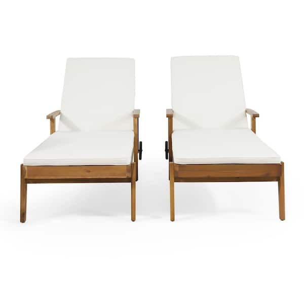 Senia Wood Outdoor Patio Chaise Lounge with Cream Cushion (Set of 2)