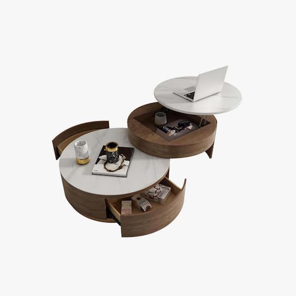 Unbranded 55.12 in Round Brown Modern Nesting Coffee Table Set Of 2, White Sintered Stone Coffee Table Set, Fully-assembled