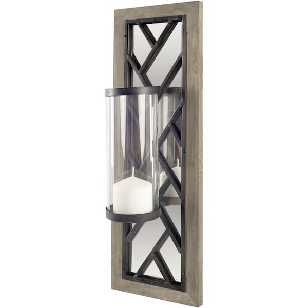 Mercana Benji Brown Solid Wood and Black Iron with Mirrored Panels Candle Sconce