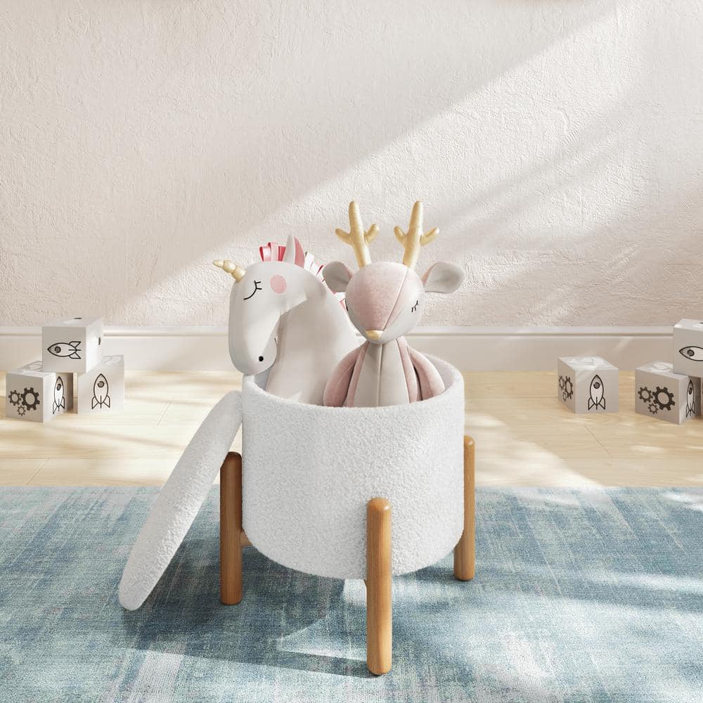 White Sherpa Plush Round Storage Ottoman with Padded Lid