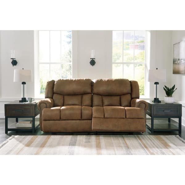 Boothbay 92 in. Rolled Arm Faux Leather Rectangle Reclining Sofa in Brown