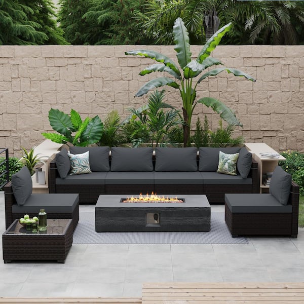 PATIO WATCHER 8-Piece Wicker Patio Conversation Set with Cushions and 56 in. Outdoor Rectangle Fire Pit Table, Dark Gray Cushions
