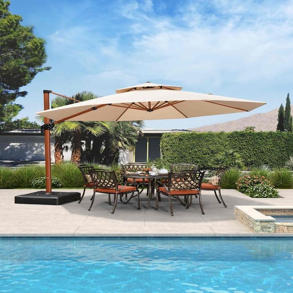 13 ft. Octagon High-Quality Wood Pattern Aluminum Cantilever Patio Umbrella with Stand, Beige
