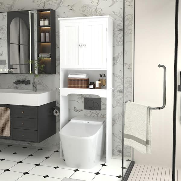 Bathroom Over-The-Toilet Storage Rack, White Wooden Space Saver Cabinet with Shelf Organizer Design