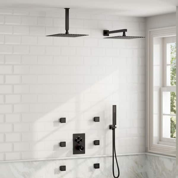 His and Hers Showers 15-Spray Square 12 in. Thermostatic Multifunction Wall Bar Shower Kit in Matte Black Valve Included