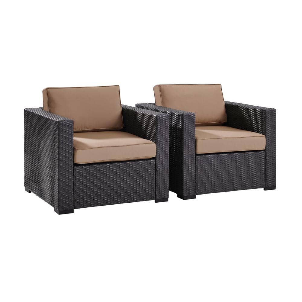 Mocha Resin Wicker Patio Arm Chairs with Cushions, Set of 2
