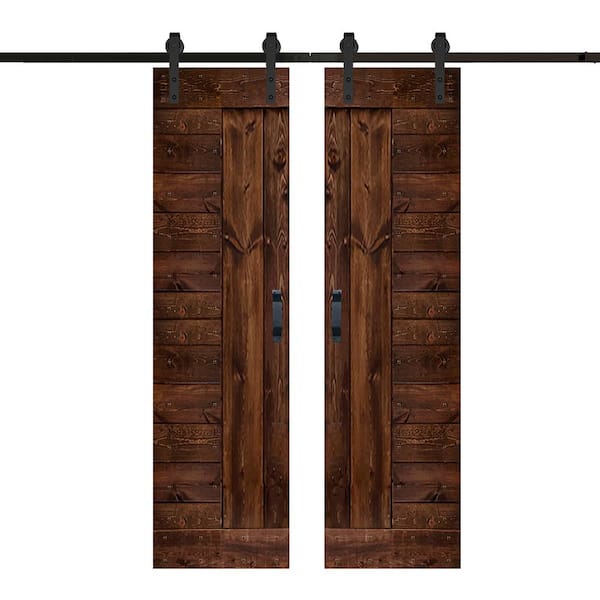 ISLIFE L Series 48 in. x 84 in. Kona Coffee Finished Solid Wood Double Sliding Barn Door with Hardware Kit - Assembly Needed