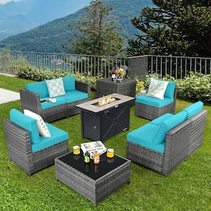9-Pieces Patio Rattan Furniture Set Fire Pit Table Storage Black with Cover Turquoise