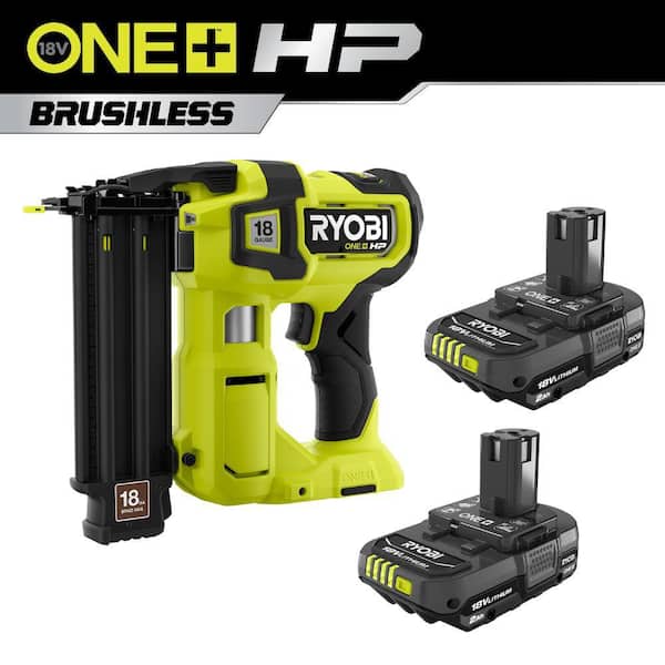 ONE+ HP 18V 18-Gauge Brushless Cordless AirStrike Brad Nailer with 18V Lithium-Ion 2.0 Ah Compact Battery (2-Pack)