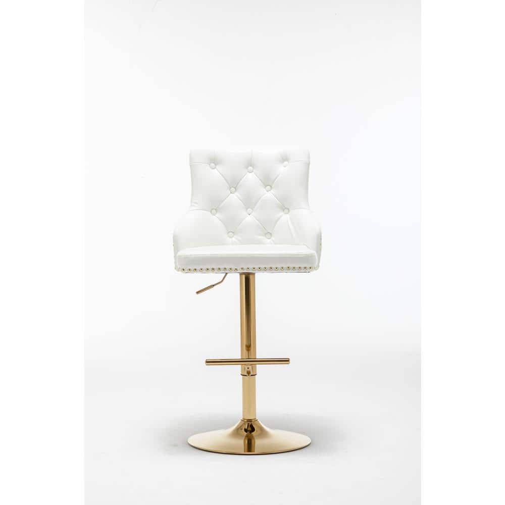 White Tufted Leather Adjustable Swivel Bar Stool with Gold Base