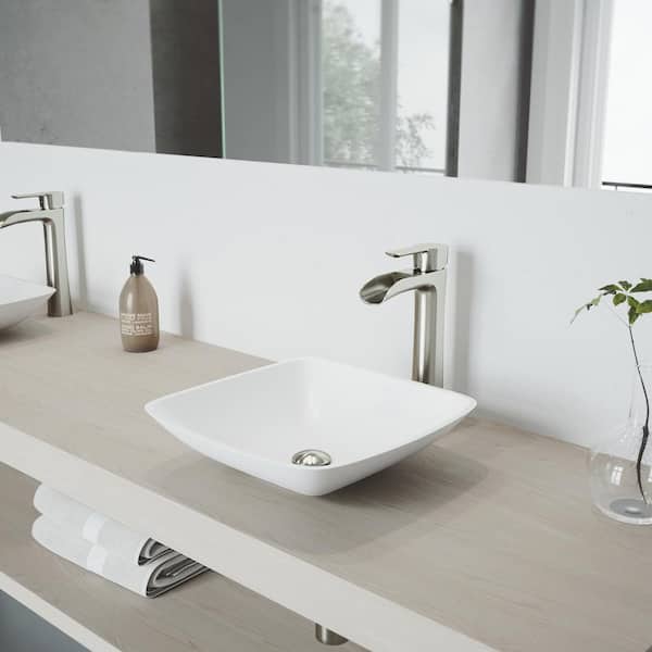 VIGO Matte Stone Hyacinth Composite Square Vessel Bathroom Sink in White with Niko Faucet and Pop-Up Drain in Brushed Nickel
