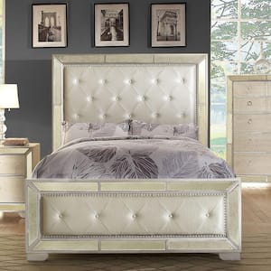 Sunlit Gold Mirrored Wood Frame King Tufted Panel Bed