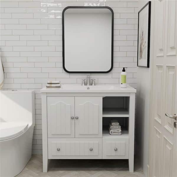 MYCASS MID 36 in. W x 18 in. D x 32 in. H Freestanding Medium Bath Vanity in White with Pure White Ceramic Integrated Sink Top