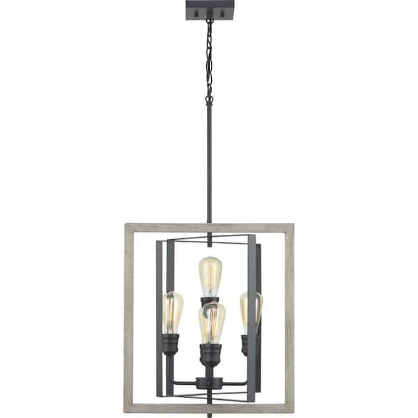 Palermo Grove 17 in. 5-Light Black with Oak Accents Pendant Light for Kitchens and Dinings Rooms