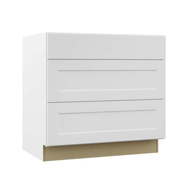 Hampton Bay Shaker 36 in. W x 24 in. D x 34.5 in. H Assembled Drawer Base Kitchen Cabinet in Satin White with Full Extension Glides