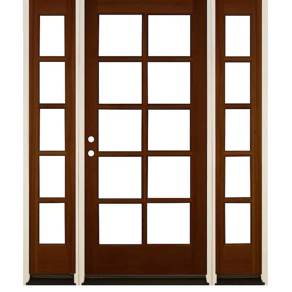 Krosswood Doors 64 in. x 80 in. French RH Full Lite Clear Glass Red Chestnut Stain Hemlock Prehung Front Door with DSL