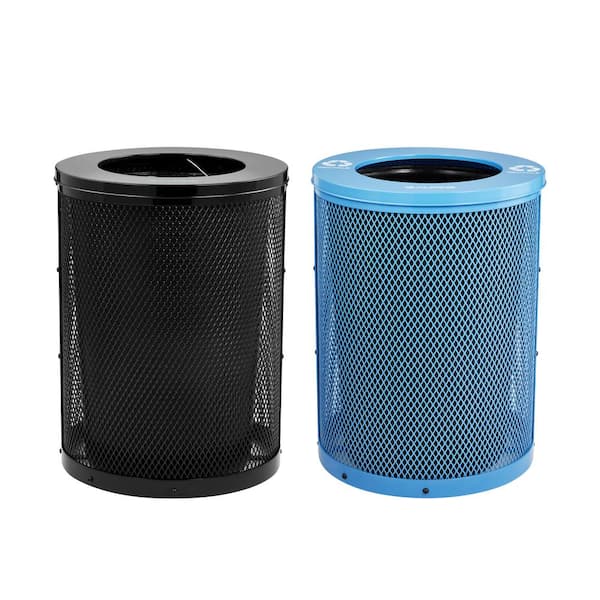 36 Gal. Black and Blue Steel Diamond Outdoor Commercial Trash Can and Recycling Station Combo with Flat Lid and liner