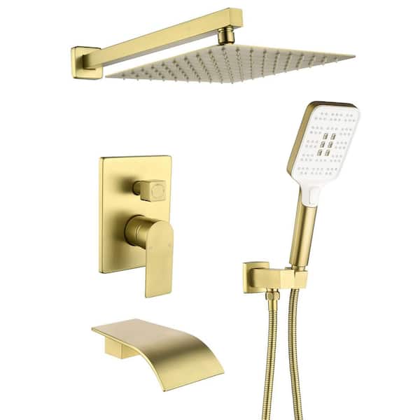 Single Handle 3-Spray Wall Mounted Tub and Shower Faucet 1.8 GPM 10 Inch Shower System in Brushed Gold Valve Included