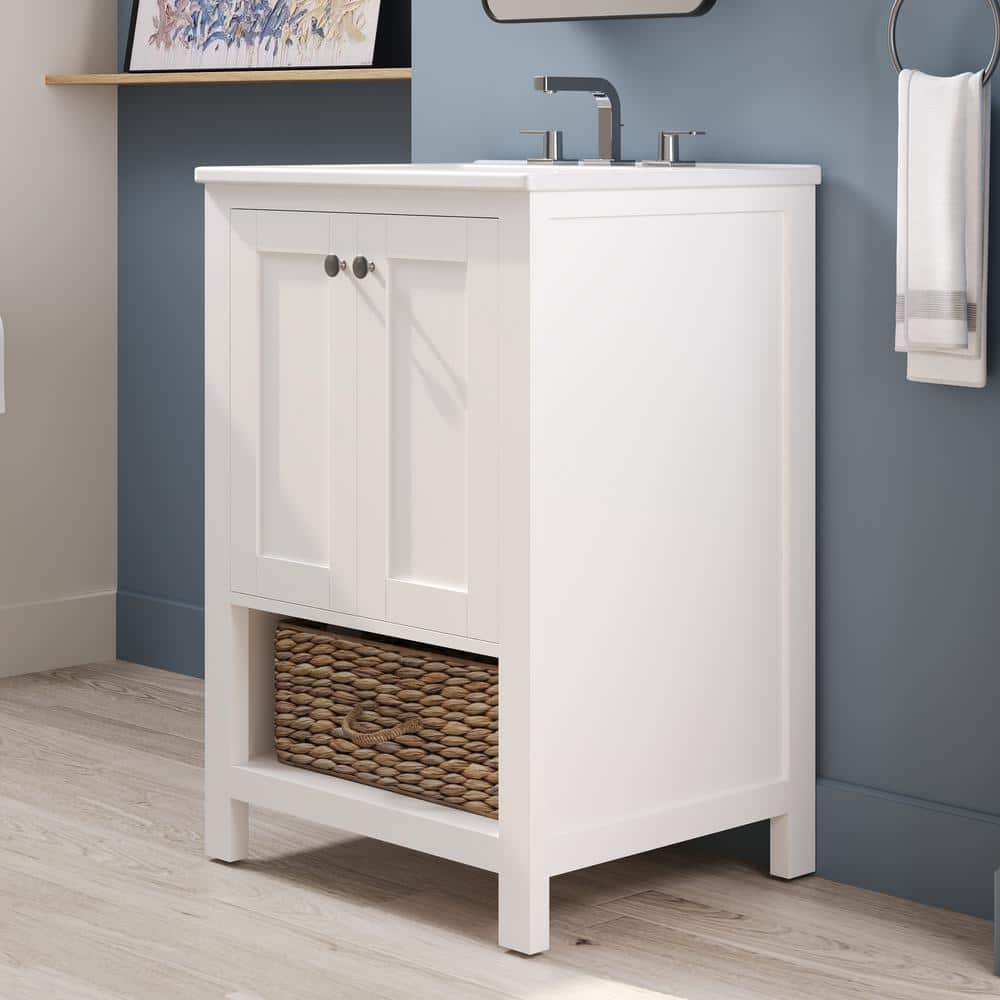 24" White Freestanding Bathroom Vanity with Ceramic Top and Woven Basket