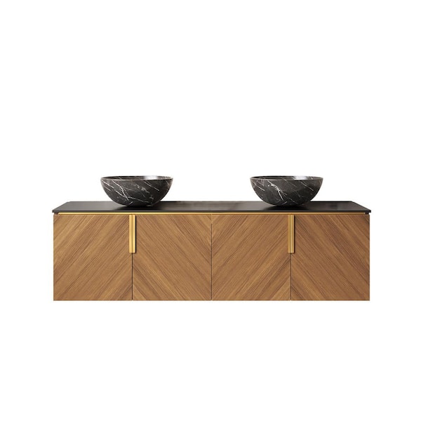 60 in. Wall-Mounted Oak Bath Vanity with Black Sintered Stone Top Unassembled