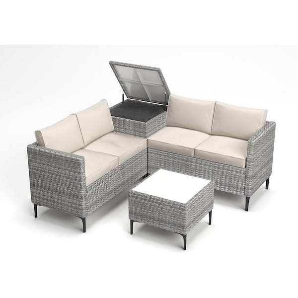 homfan Patio Sectional Gray Wicker 4-Piece, Outdoor Sectional Set, with Cushion in Gray, Coffee Table, Storage