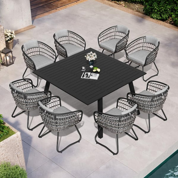 Pellebant 9 of Piece Metal Outdoor Dining Set with Gray Cushion, Aluminum Extension Table and Steel Rattan Chairs Included