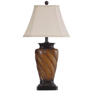 30 in. Toffee Wood Table Lamp with White Fabric Shade