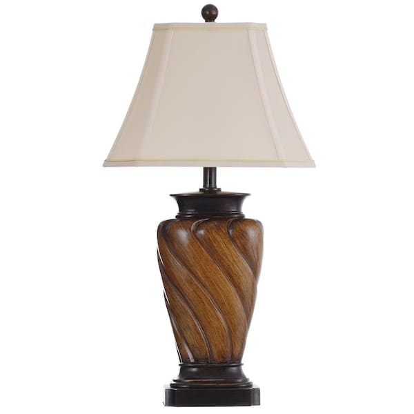 StyleCraft 30 in. Toffee Wood Table Lamp with White Fabric Shade