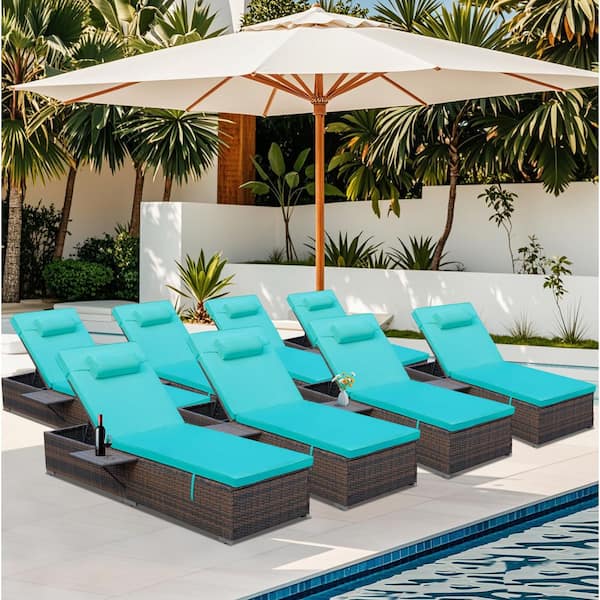 NOBLEMOOD Brown 8-Pieces Wicker Outdoor Chaise Lounge Set with Blue Cushion