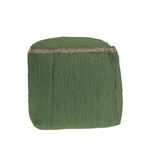 Dillion Grasshopper Bordered Hand-Loomed Organic Cotton Pouf With Jute Braid