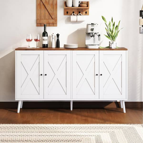 JASIWAY White Wood 55.11 in. Buffet Sideboard Cabinet with 4 Doors Wall Side Cabinet Living Room Dining Side Cabinet J XBG01 WH
