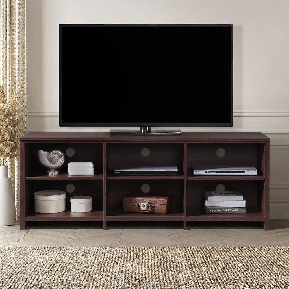 65 in. Wood Walnut TV Stand with 6 Storage Shelves Fits TVs up to 62 in.