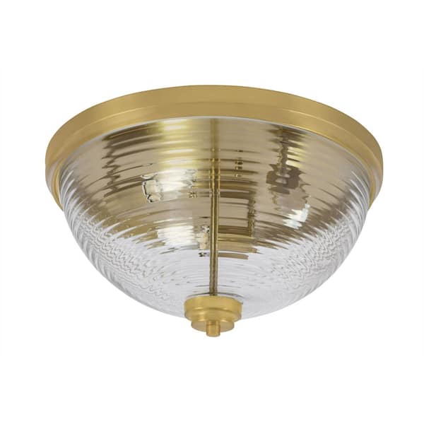Unbranded Ashland 16 in. 3 Light New Age Brass Flush Mount with Clear Ribbed Glass Shade No Bulbs Included
