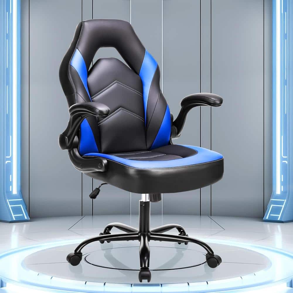 Gaming Chair Ergonomic Computer Desk Office Chair with Lumbar Support Flip-Up Arms PU Leather, Black Blue