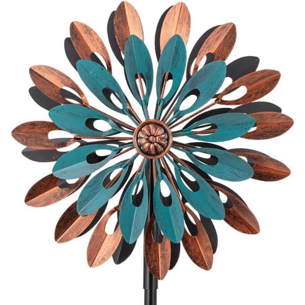 65 in. H 360° Outdoor Metal Wind Spinners Kinetic Wind Sculptures, Spinners for Yard Garden Lawn, Blue & Bronze