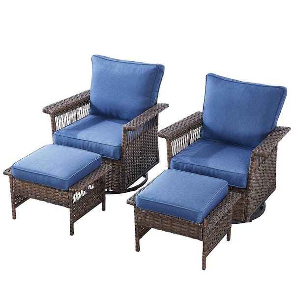 Seagull Collection 4-Piece Wicker Patio Conversation Seating Set and Ottoman with Blue Cushions